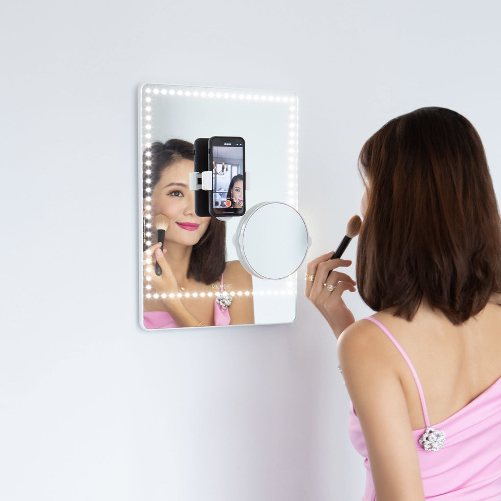 Riki Pretty LED Light Vanity Mirror (White) smartphone holder and magnifying mirror as used with model